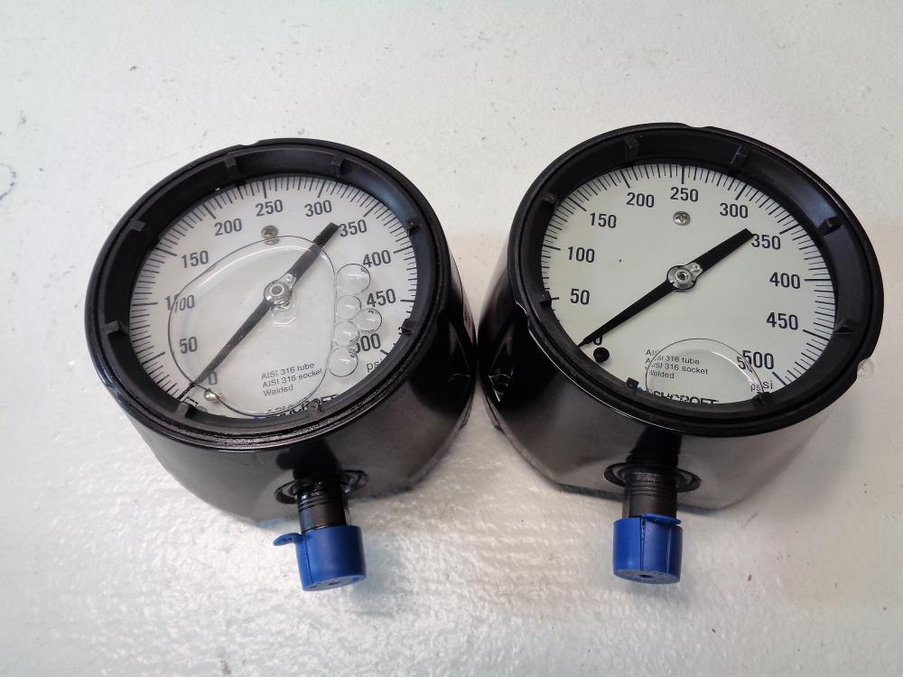 Lot of (2) Ashcroft Duragage 4.5" Liq. Filled Gauge 500 PSI 45-1279-SSL-04L-500#